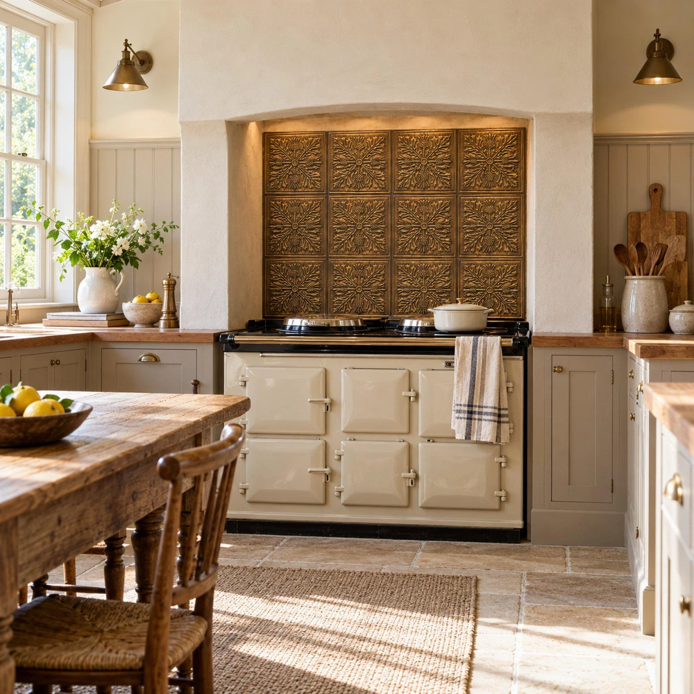 Hand-embossed solid brass thistle tiles in aged bronze installed as a kitchen backsplash behind a range