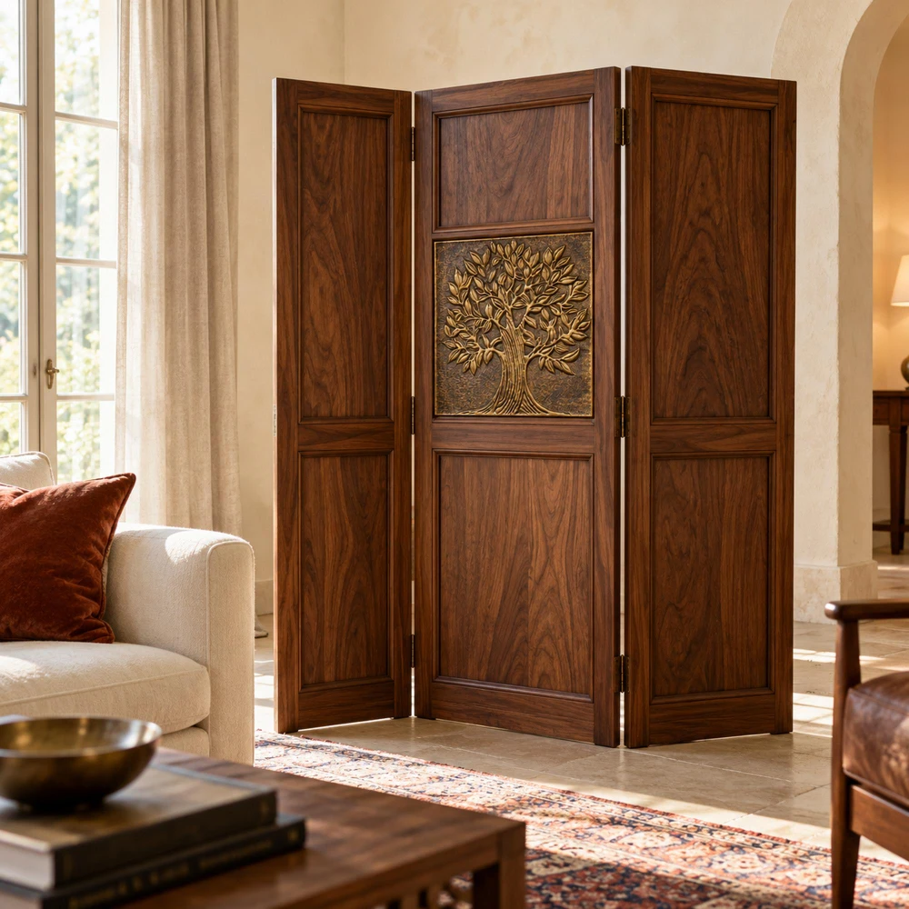 Broadleaf Tree of Life hand-embossed solid brass panel in aged bronze in a folding room-divider screen