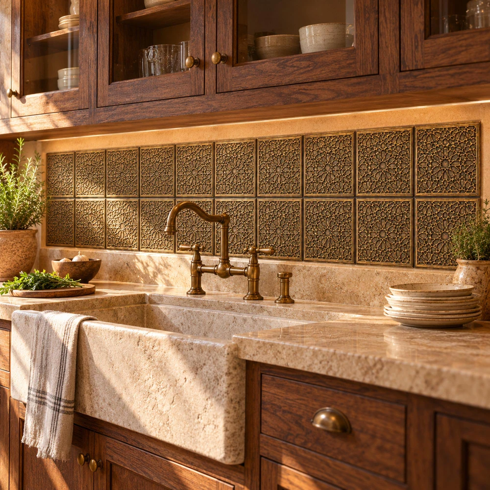 Hand-embossed solid brass Moorish star tiles in aged bronze as a backsplash on a kitchen sink wall below a window