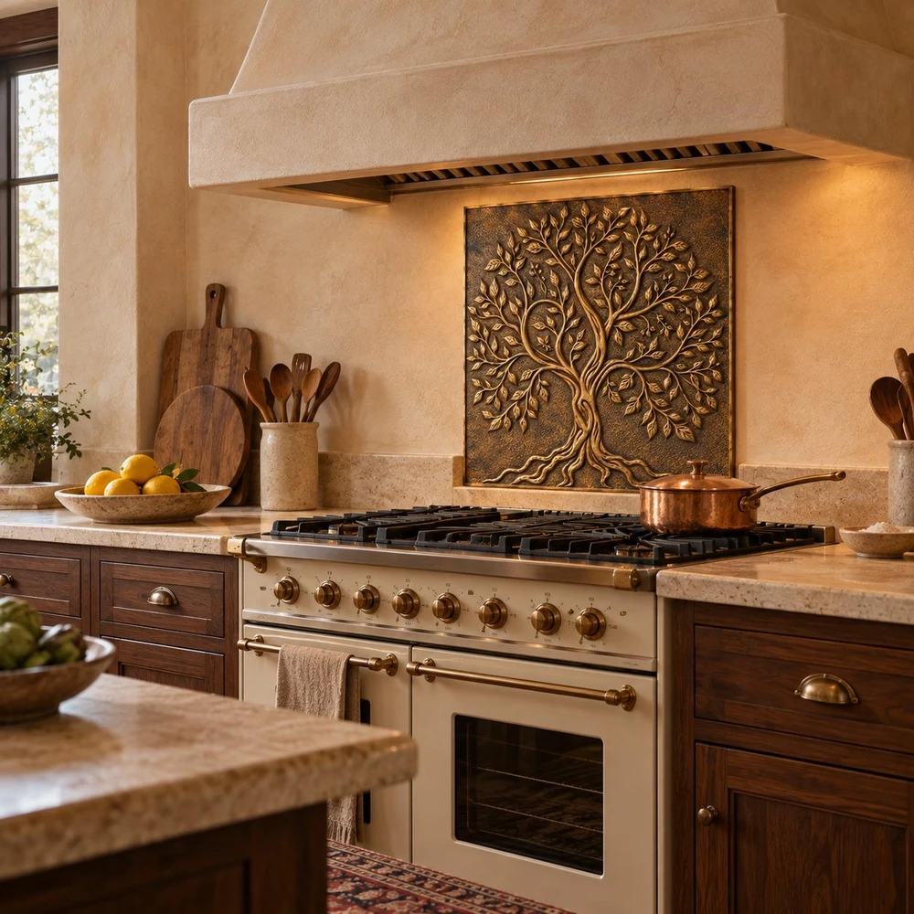 Twisted Trunk Tree of Life, hand-embossed solid brass in aged bronze: kitchen backsplash panel behind a range