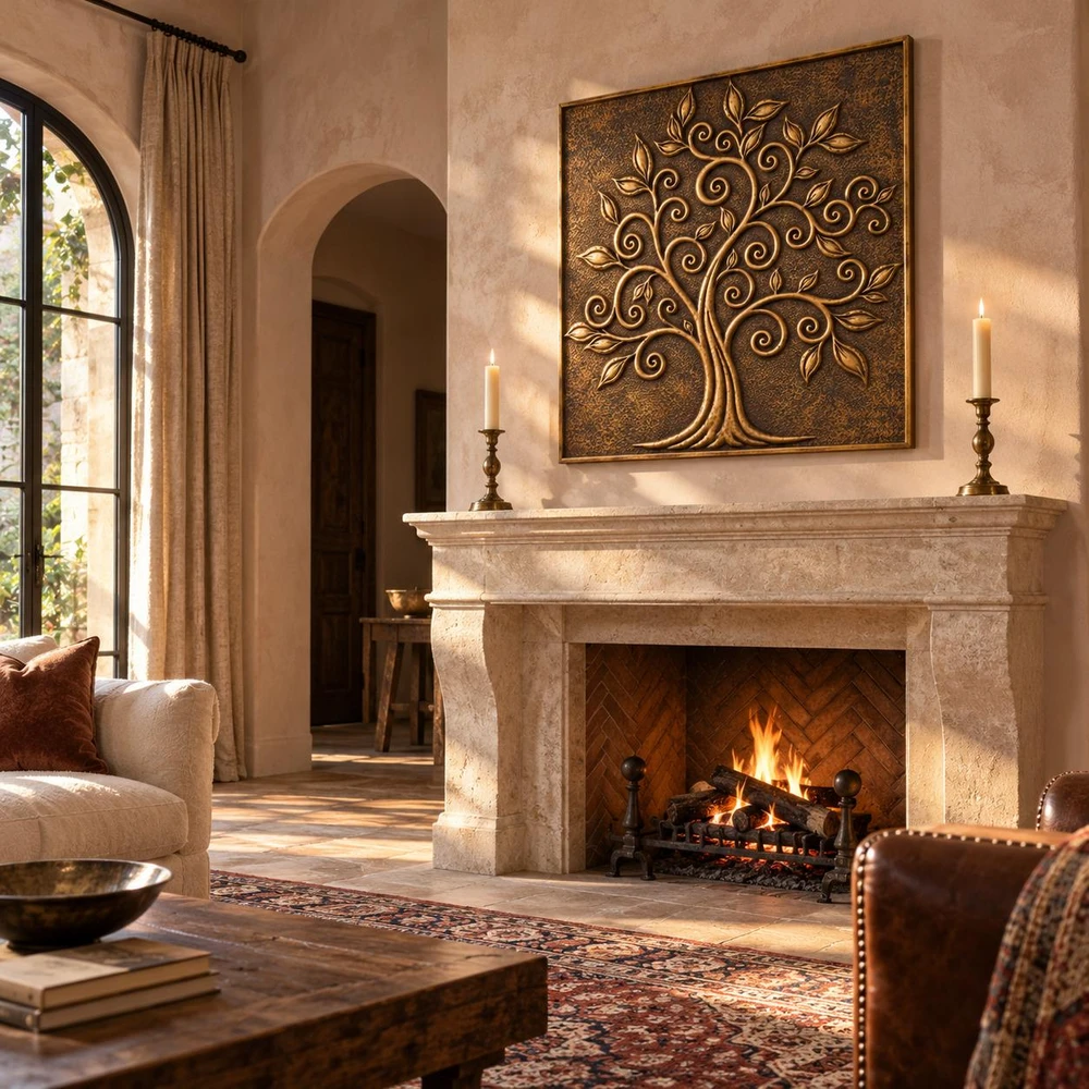 Spiral Branch Tree of Life, hand-embossed solid brass in aged bronze: above a fireplace mantel