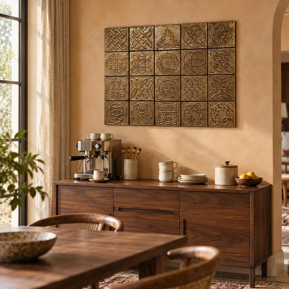 Celtic Knot Collection B, 20 hand-embossed solid brass 4 inch tiles in aged bronze: dining room coffee station backsplash