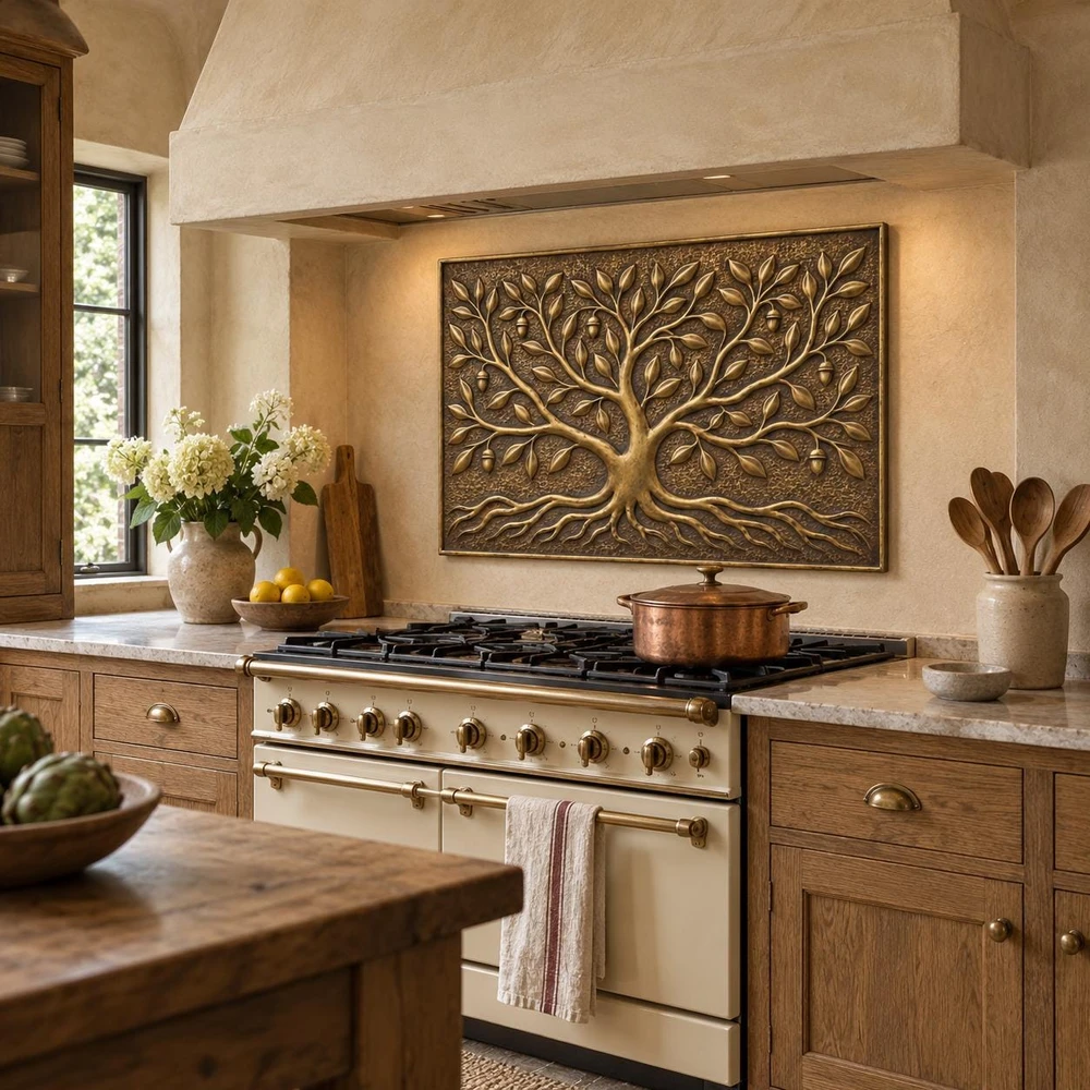 Wide Oak Tree, one hand-embossed solid brass wall panel in aged bronze: statement backsplash behind a kitchen range