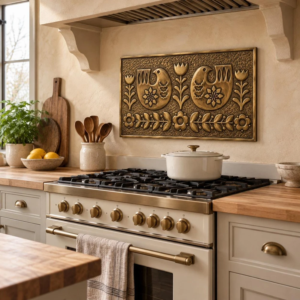 Folk Birds, one hand-embossed solid brass wall panel in aged bronze: statement backsplash behind a kitchen range