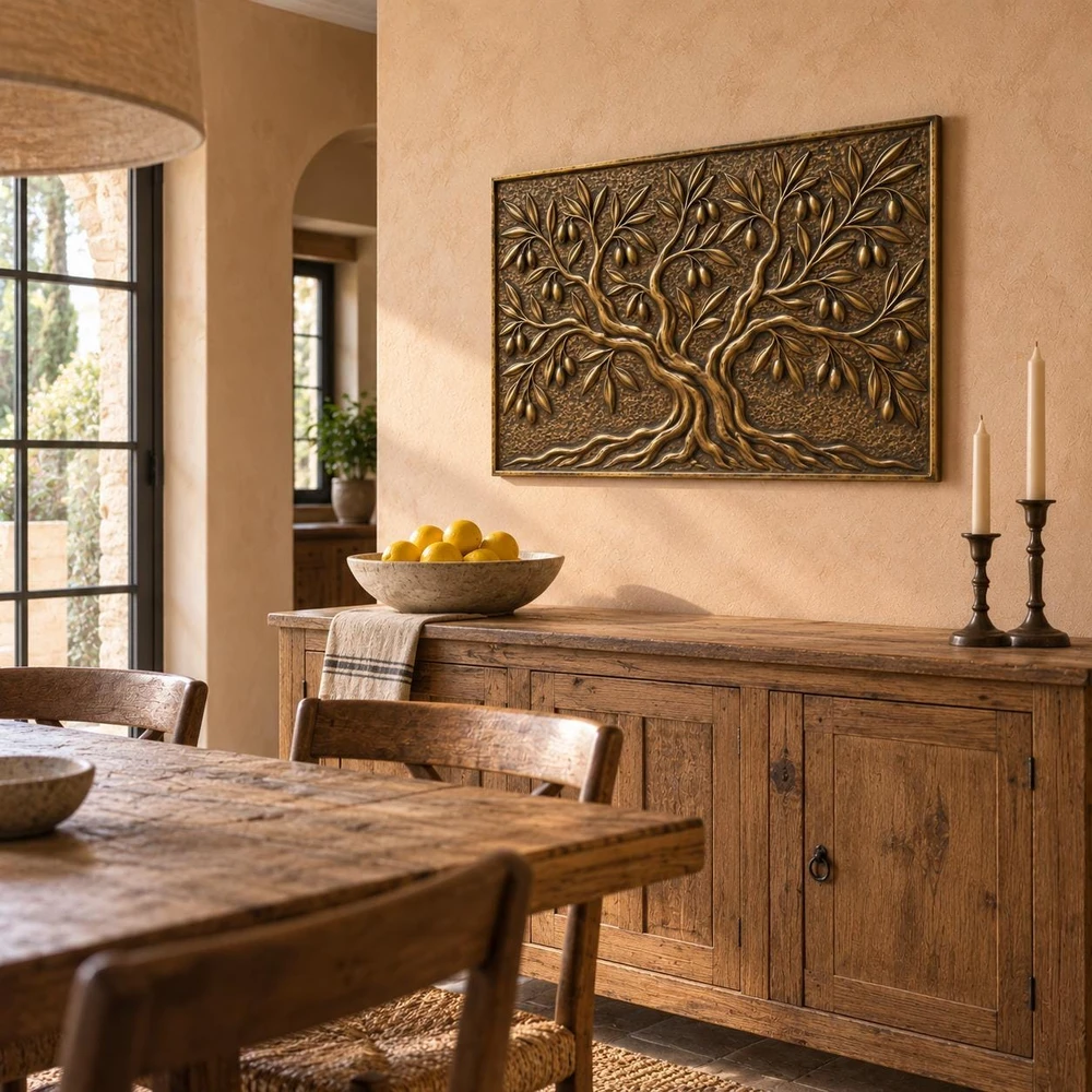 Olive Tree, one hand-embossed solid brass wall panel in aged bronze: hung above a sideboard in a dining room