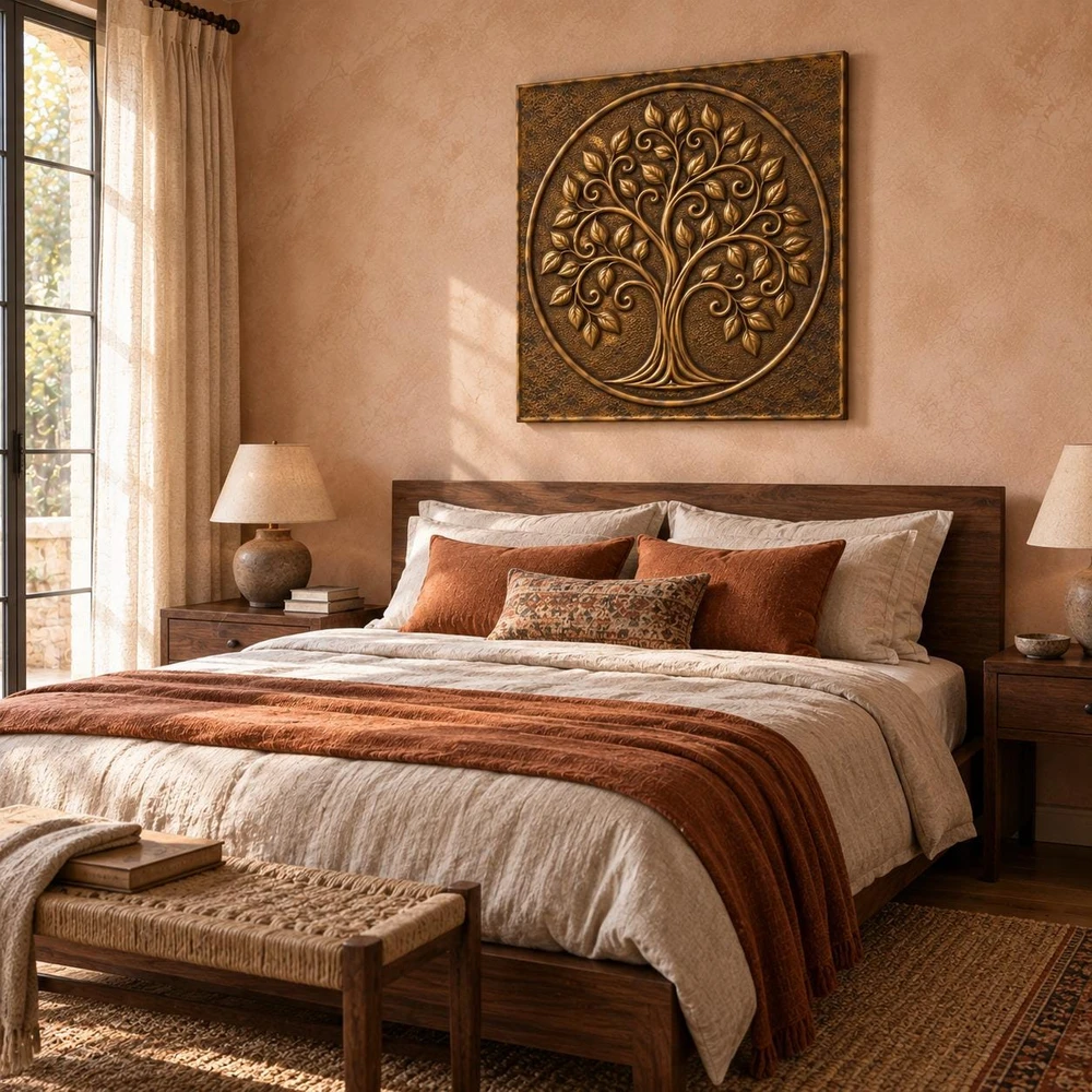 Curling Branch Tree of Life in a circle, one hand-embossed solid brass wall panel in aged bronze: hung above a bed