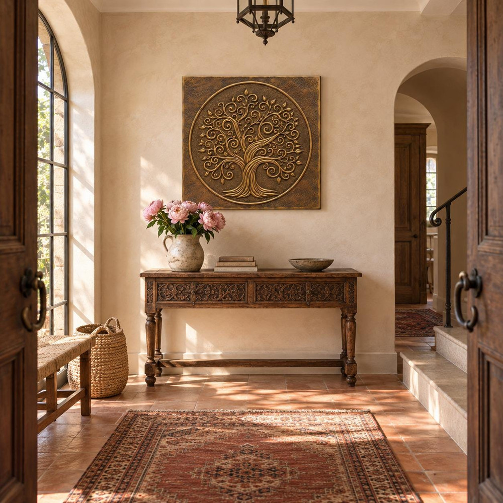 Swirling Tree of Life in a circle, one hand-embossed solid brass wall panel in aged bronze: hung in an entrance hall