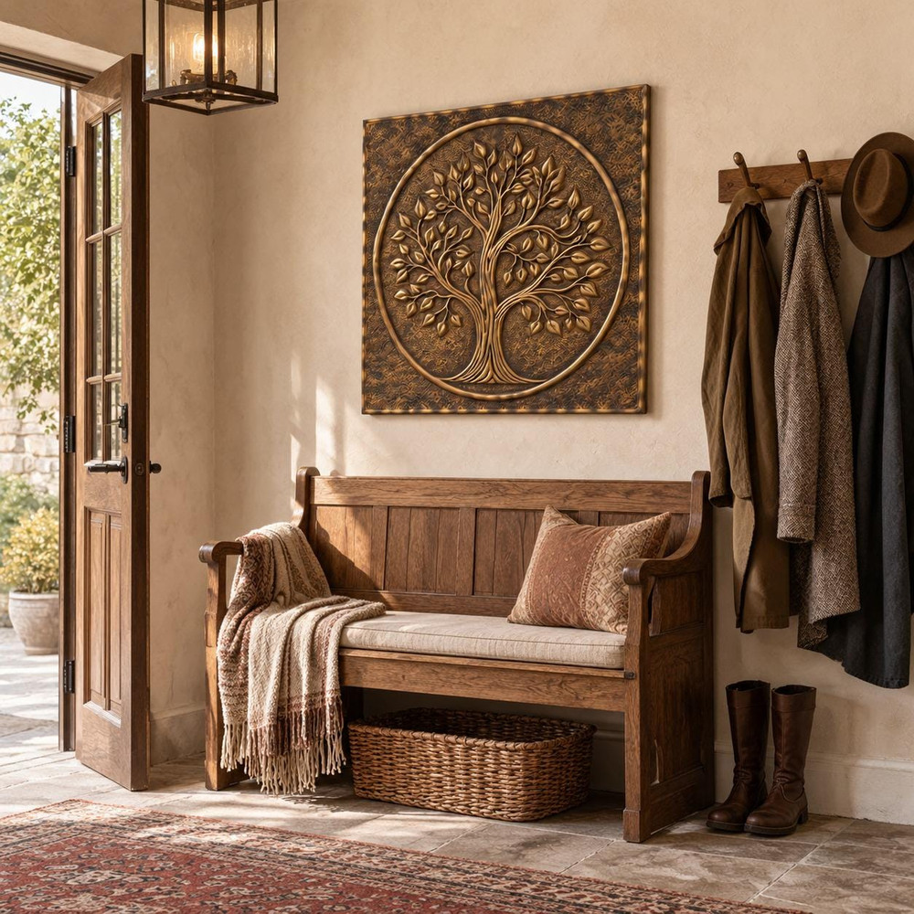 Old Oak Tree of Life in a circle, one hand-embossed solid brass wall panel in aged bronze: hung in an entrance hall