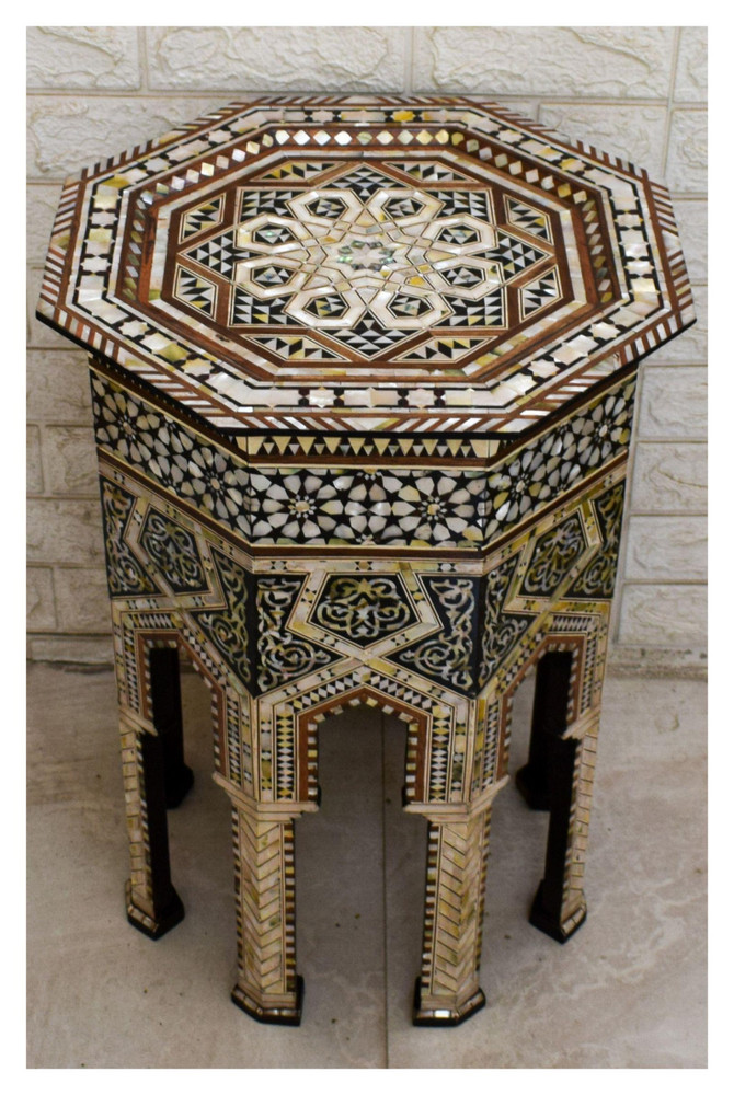 Octagonal Mother of Pearl Side Table with Pointed-Arch Skirt, 23 in