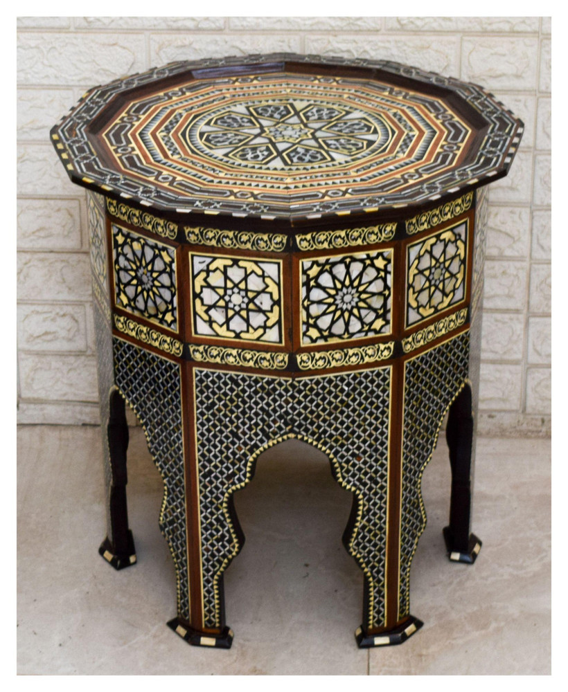 Scalloped Round-Top Mother of Pearl Side Table, Star Mosaic, 22 in