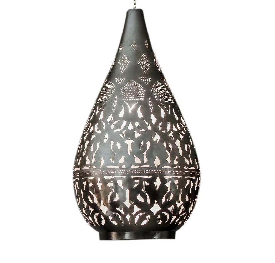 Teardrop Moroccan pendant with arabesque cutwork in dark brass