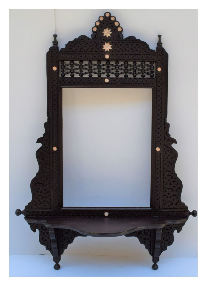 Syrian Inlaid Mirror Frame with Shelf and Mashrabiya Crest, 32 in