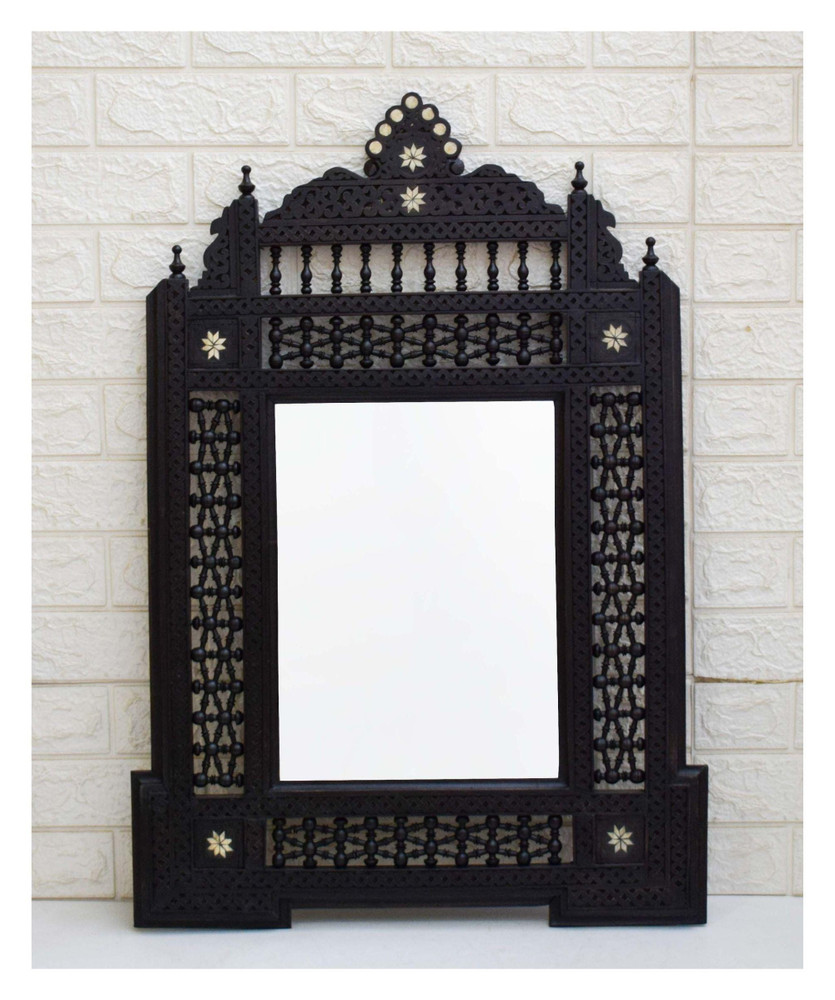 Moroccan Mashrabiya Carved Mirror Frame with Arcaded Crest, 32 in