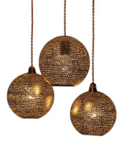 Moroccan 3-lamp pear pendant cluster in handcrafted brass - view 2