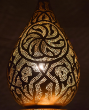 Oversized Moroccan brass pendant lamp, artisan hanging light fixture for kitchens, staircases, and boutique interiors.