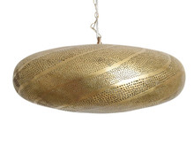 Moroccan Brass Pendant Light for Dining Table – Handcrafted ceiling fixture featuring intricate pierced brass design, creating warm and inviting lighting for dining areas.