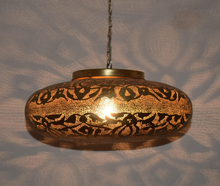 Brass Moroccan hanging ceiling lantern, artisan pendant light fixture designed for dining tables, kitchen islands, or cozy bohemian living room spaces.