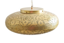 Moroccan Brass Ceiling Light Fixture – Handcrafted pendant lamp ideal for kitchen island, dining room, or living room lighting, featuring detailed pierced brass design.