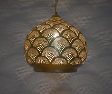 Outdoor ceiling light in traditional Moroccan style, crafted from durable brass with bohemian patterns, ideal for patio or porch installations.