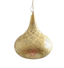 Moroccan Brass Hanging Porch Light – Handcrafted outdoor ceiling lantern perfect for porch or patio lighting, adding warm glow and boho Moroccan charm to entryways.