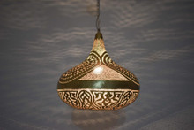 Elegant brass Moroccan hanging light with detailed perforations, ideal as a living room chandelier or statement ceiling fixture.