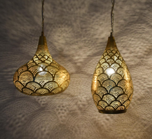 Moroccan hanging pendant light with hand-pierced brass pattern
