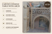 Handmade carved console table with arch mirror, made to order by E Kenoz