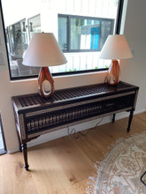 Mashrabiya console table with turned-spindle lattice and mother-of-pearl inlay, dark solid wood