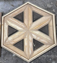 Hexagonal six-point star wood mosaic ceiling panel in ash and walnut marquetry