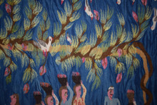 3.7 FT Handwoven Egyptian Kilim Tapestry , Tree Harvest Village Wall Hanging Scene