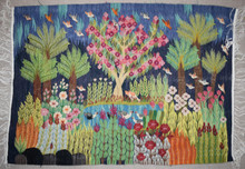 Blossom Tree Garden by the Pond — handwoven Egyptian wool tapestry, 4.7 ft