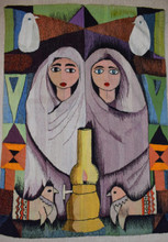 Veiled Women with Doves — handwoven Egyptian wool tapestry, 4.2 ft
