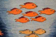 31x23" Handwoven Egyptian Wool Tapestry, Fish Underwater Wall Hanging, Signed Original Folk Art
