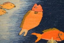 31x23" Handwoven Egyptian Wool Tapestry, Fish Underwater Wall Hanging, Signed Original Folk Art