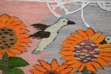 32x22" Handwoven Egyptian Wool Tapestry, Sunflowers Doves Wall Hanging, Signed Original Folk Art
