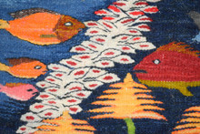 32x22" Handwoven Egyptian Wool Tapestry, Fish Coral Reef Wall Hanging, Signed Original Folk Art
