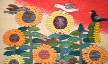 33x24" Handwoven Egyptian Wool Tapestry, Sunflowers Sunset Red Wall Hanging, Signed Original Folk Art