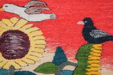 33x24" Handwoven Egyptian Wool Tapestry, Sunflowers Sunset Red Wall Hanging, Signed Original Folk Art