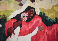 47x39" Handwoven Egyptian Wool Tapestry, Mother and Child Wall Hanging, Signed Original Folk Art