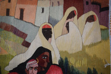 47x39" Handwoven Egyptian Wool Tapestry, Mother and Child Wall Hanging, Signed Original Folk Art