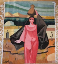 47x39" Water Carrier Woman Woven Wall Art, Signed Handwoven Egyptian Wool Tapestry, Figurative Original