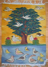 26x19" Tree of Doves Woven Wall Hanging, Handwoven Egyptian Wool Tapestry, Bird Folk Art Original