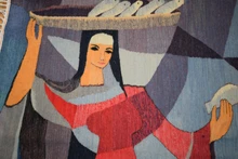 47x39" Fisherwoman Woven Wall Art, Signed Handwoven Egyptian Wool Tapestry, Modern Figurative Piece