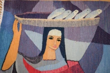 47x39" Fisherwoman Woven Wall Art, Signed Handwoven Egyptian Wool Tapestry, Modern Figurative Piece