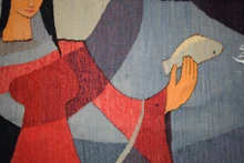 47x39" Fisherwoman Woven Wall Art, Signed Handwoven Egyptian Wool Tapestry, Modern Figurative Piece