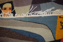 47x39" Fisherwoman Woven Wall Art, Signed Handwoven Egyptian Wool Tapestry, Modern Figurative Piece