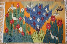 Blue Tree Woven Wall Hanging Art, Signed Handwoven Egyptian Wool Tapestry, Birds Folk Original