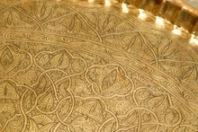 XL Engraved Brass Tray Table on Folding Wood Stand — view 6