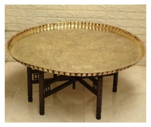 XL Engraved Brass Tray Table on Folding Wood Stand, 44 in