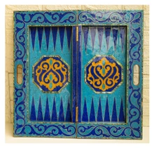 Backgammon Board in Mother of Pearl, Lapis, Turquoise and Amber, 25 in